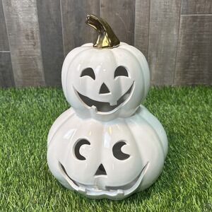 Ceramic Light-Up Stacked Pumpkins Jack-O'-Lantern Decor Tested & Working
